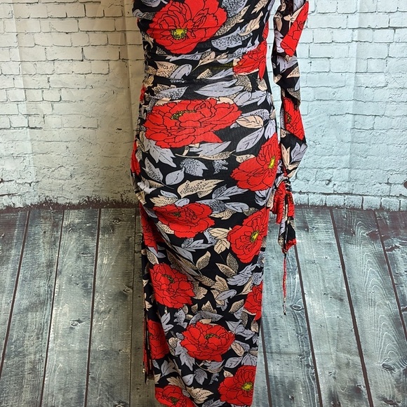 Diane Von Furstenburg Ruched One Sleeve Floral Mesh Dress Boswell Black 6 Sexy - Picture 11 of 16